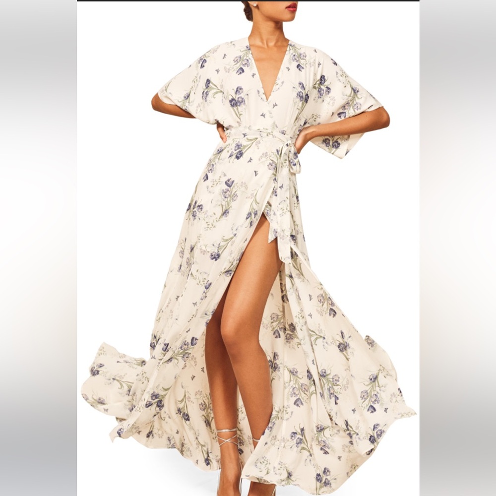 Reformation, blue and white flower wrap dress in size S